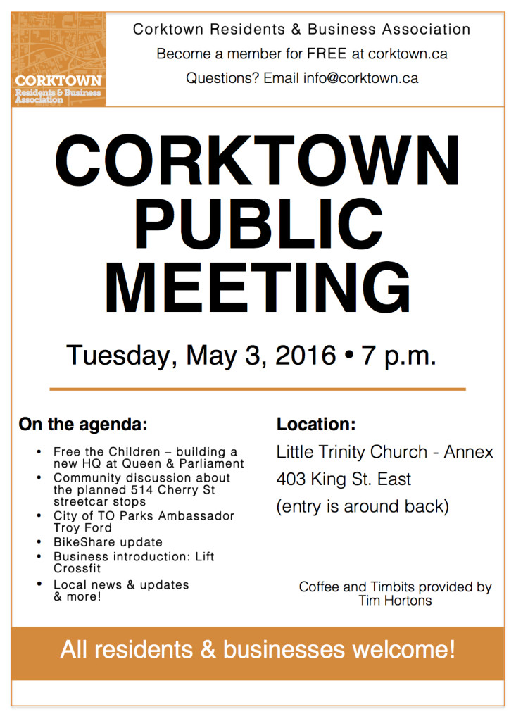 Agenda for Corktown Monthly Public Meeting May 2016 everyone welcome